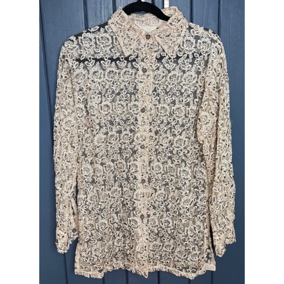 Cache Tops - Vintage Cache Cellulose Rayon Cream Beaded Floral Button Up Top Shacket Sz Large